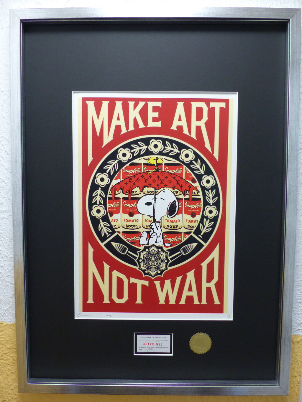 DEATH NYC gerahmte Lithografie ltd edit of 100 "Snoopy make art not war" 3D Siegel COA Zertifikat
