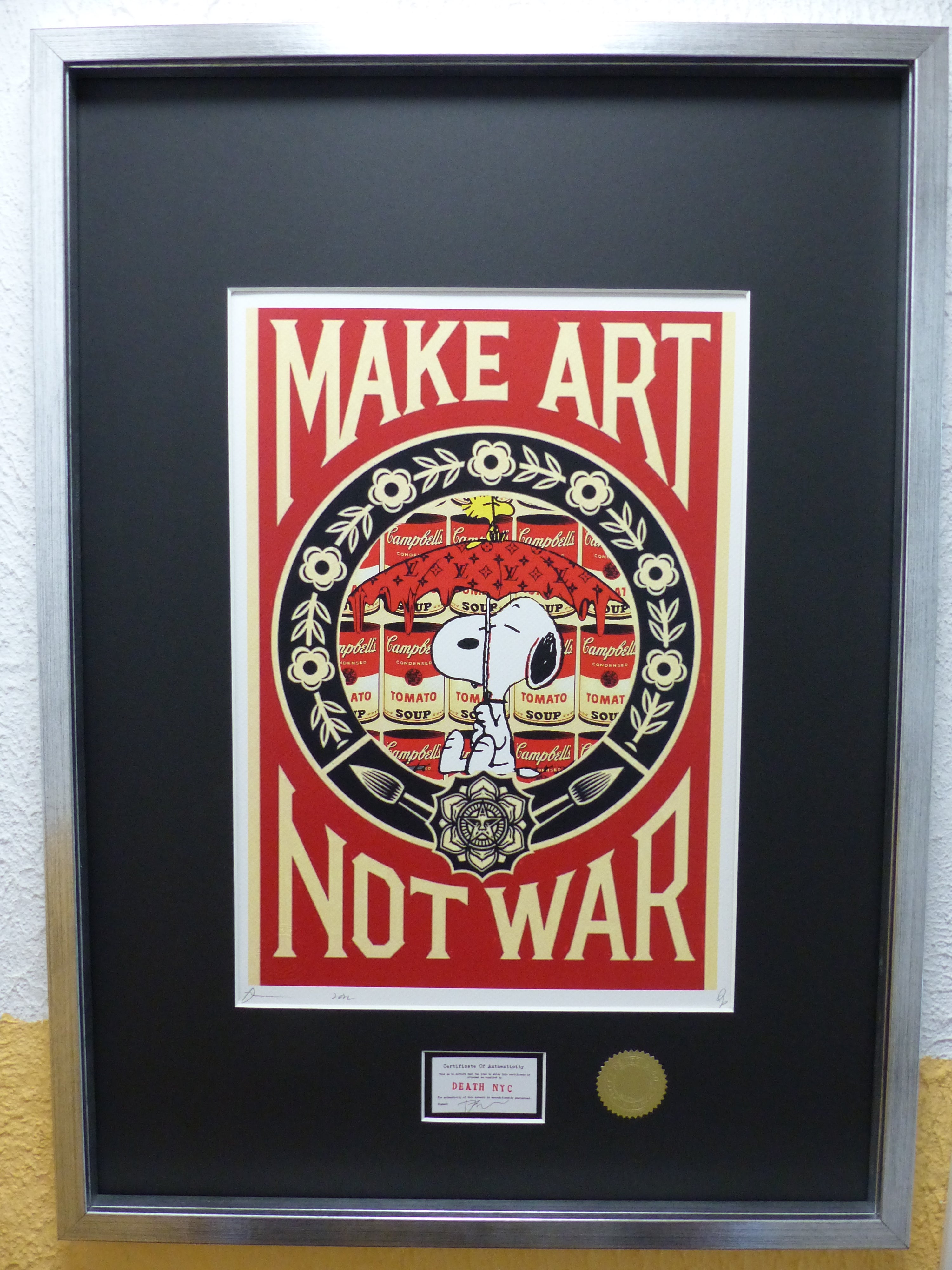 DEATH NYC gerahmte Lithografie ltd edit of 100 "Snoopy make art not war" 3D Siegel COA Zertifikat