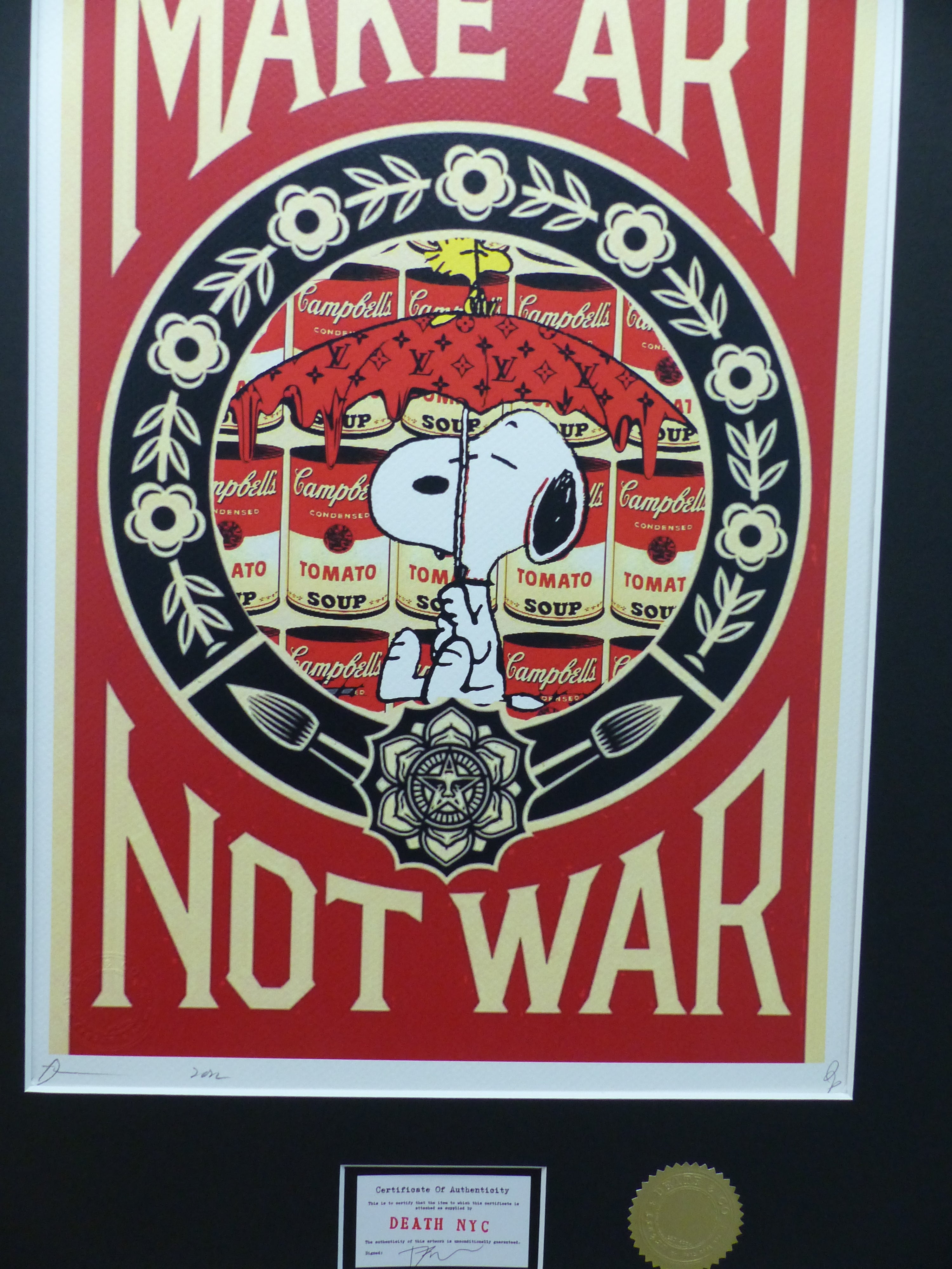 DEATH NYC gerahmte Lithografie ltd edit of 100 "Snoopy make art not war" 3D Siegel COA Zertifikat